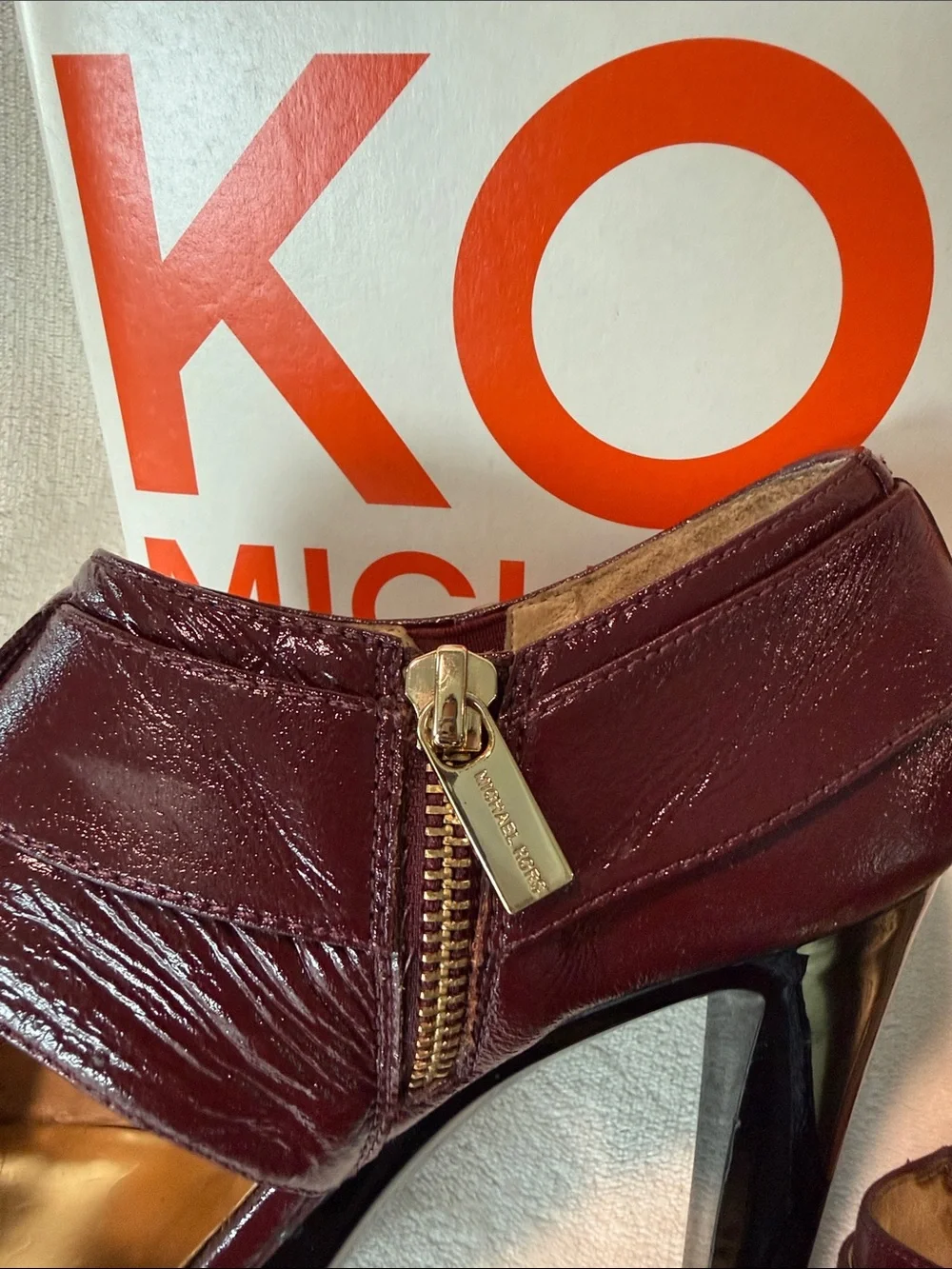 Michael Kors Darby Maroon PatentLeather Platform Stiletto Heels with Gold Buckle